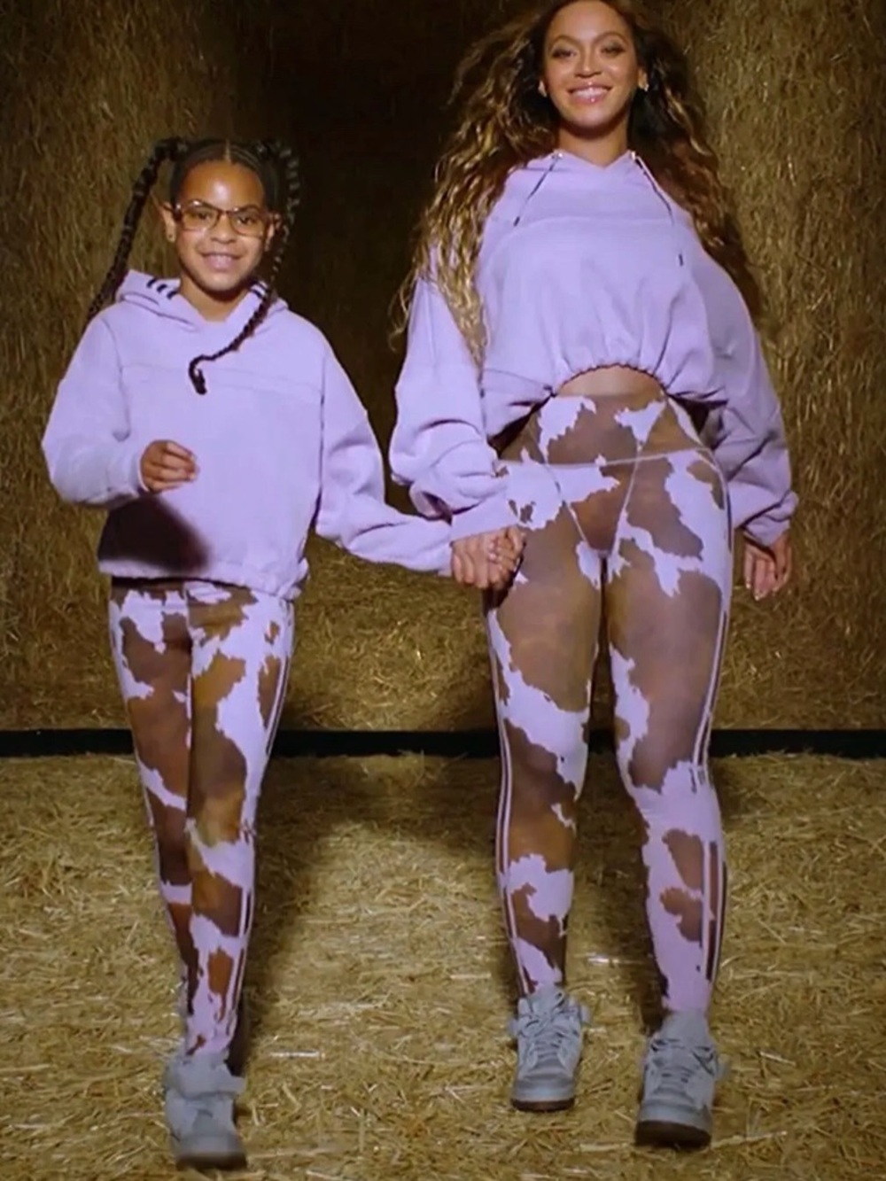 Adidas X IVY PARK Cow-Print Leggings in Lavender and Brown